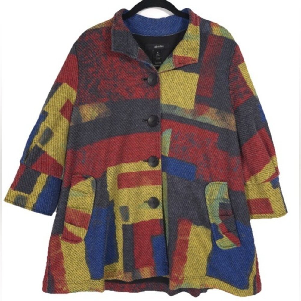 ALI MILES Women Artsy Art To Wear Colorful 3/4 Sleeve Button Down Jacket MEDIUM